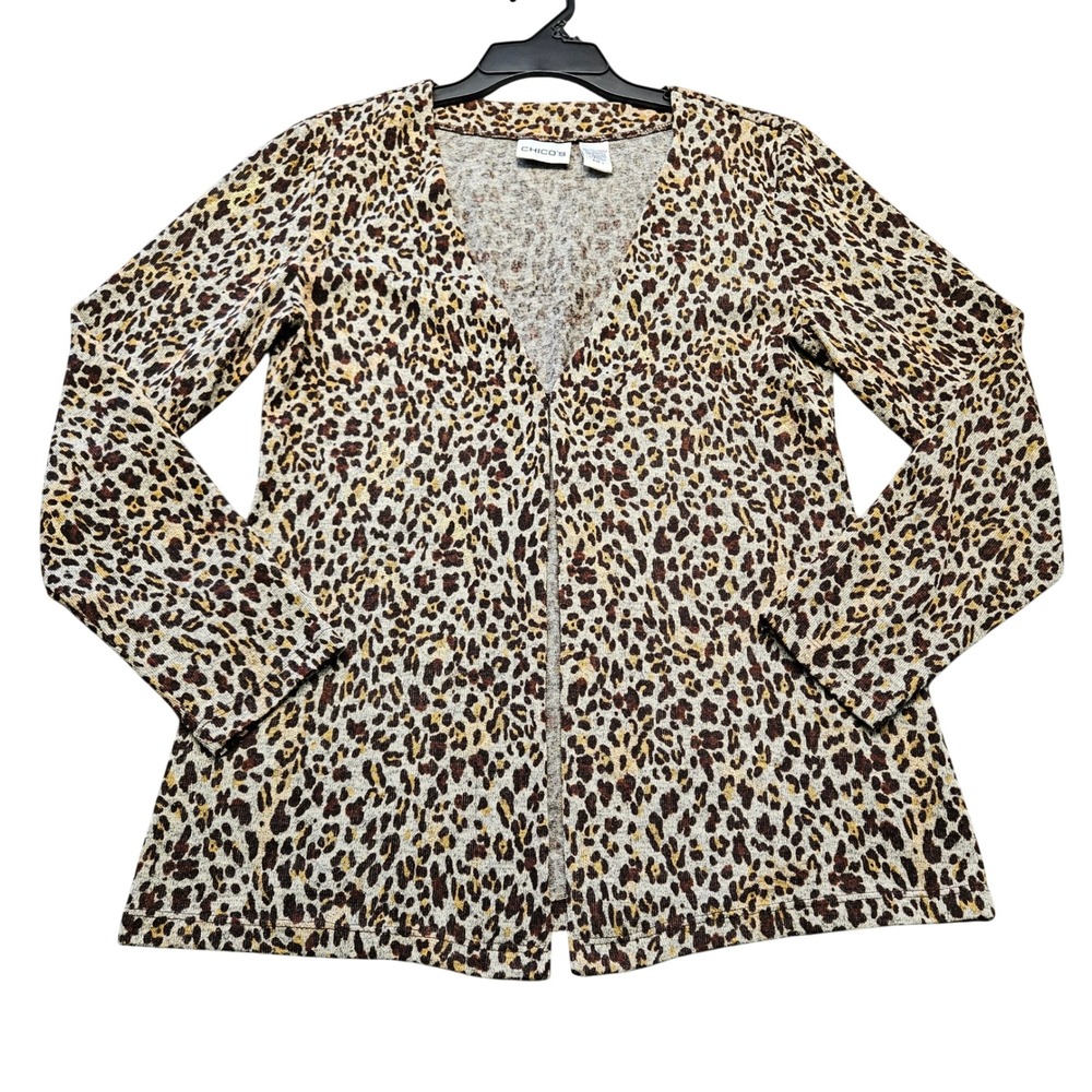 Chicos Leopard Print Open Front Cardigan Brown Tan Animal Print Size 1 M